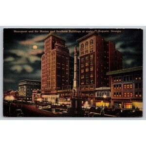 Vintage Postcard Augusta Georgia Monument  Marion Southern Buildings Moonlight